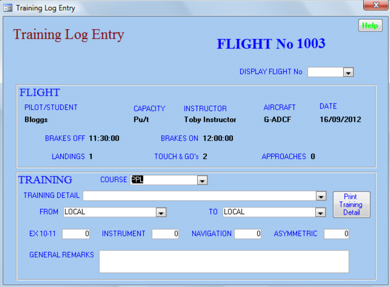 Picture of Training Log entry screen